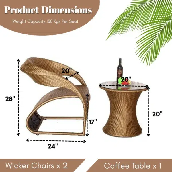 3-Piece Golden Outdoor Rattan Wicker Patio Set with Glass Top Table and Cushioned Chairs