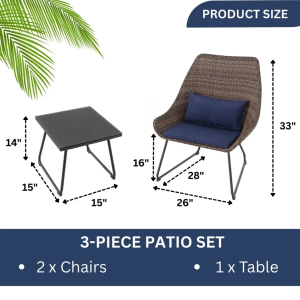 Outdoor Rattan Wicker 3-Piece Patio Set with cushioned chairs and glass-top table for garden, balcony, or patio