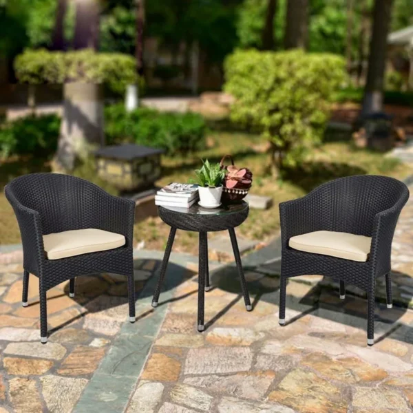 "3-Piece Outdoor Rattan Wicker Patio Set with cushioned chairs and glass-top table for garden, balcony, or patio"