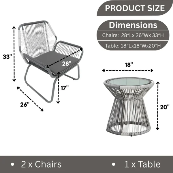 Outdoor Rope Double Tone 3-Piece Patio Set with Table and Cushions for Garden or Balcony