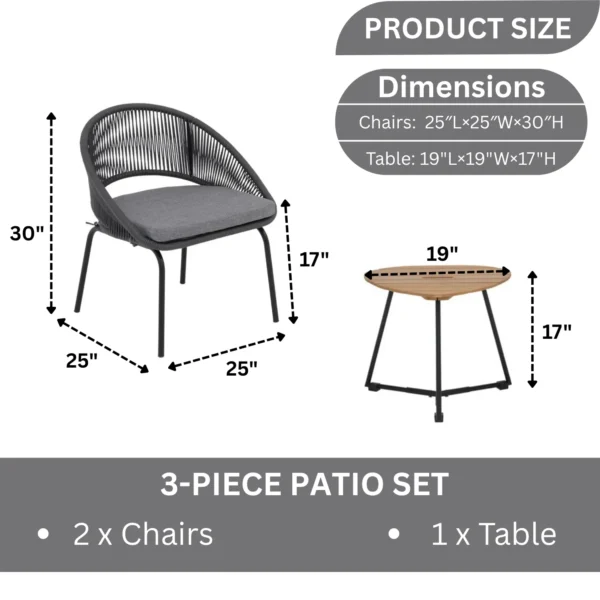 3 Piece Garden Outdoor Rope Patio Set with two chairs and a glass-top table for outdoor living.