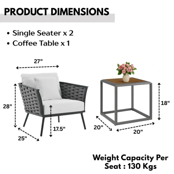 Outdoor rope 3-piece patio furniture set with wooden top table and cushioned chairs