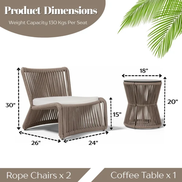 3-piece outdoor beige rope patio set with cushioned chairs and matching side table for garden or balcony