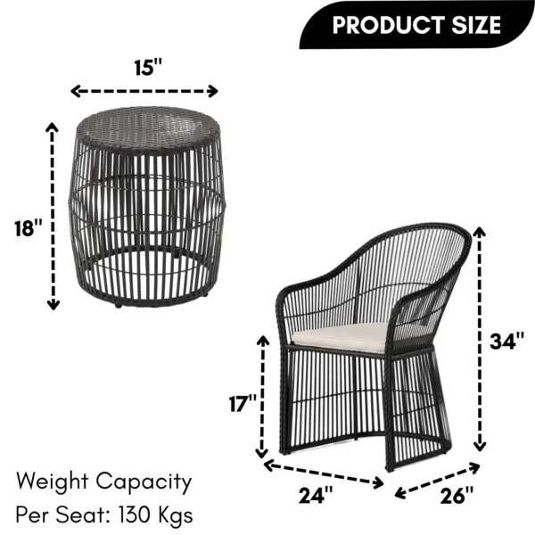 3-piece outdoor rattan wicker patio set with cushioned seats and table