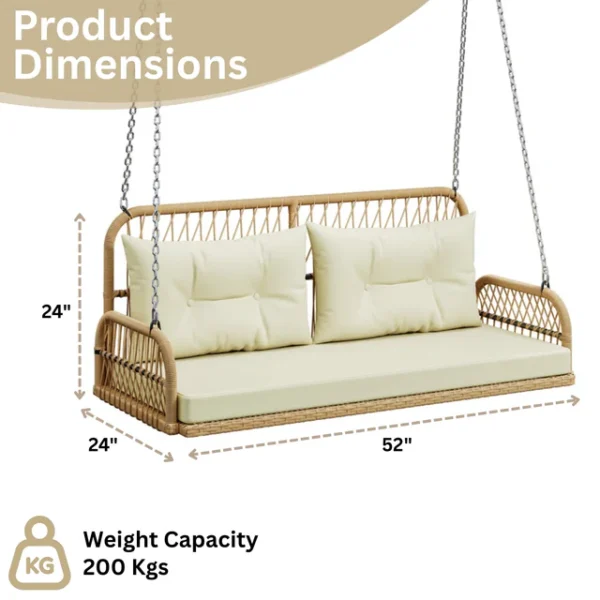 Outdoor beige rattan wicker two-seater sofa swing with cushions for patio or garden