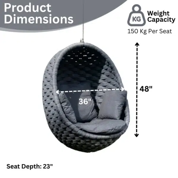 Grey rope hanging egg swing chair with cushion for outdoor and indoor relaxation