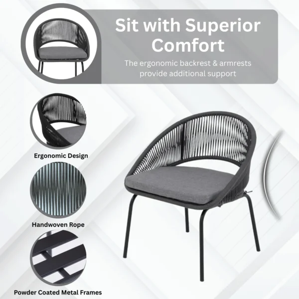 3 Piece Garden Outdoor Rope Patio Set with two chairs and a glass-top table for outdoor living.