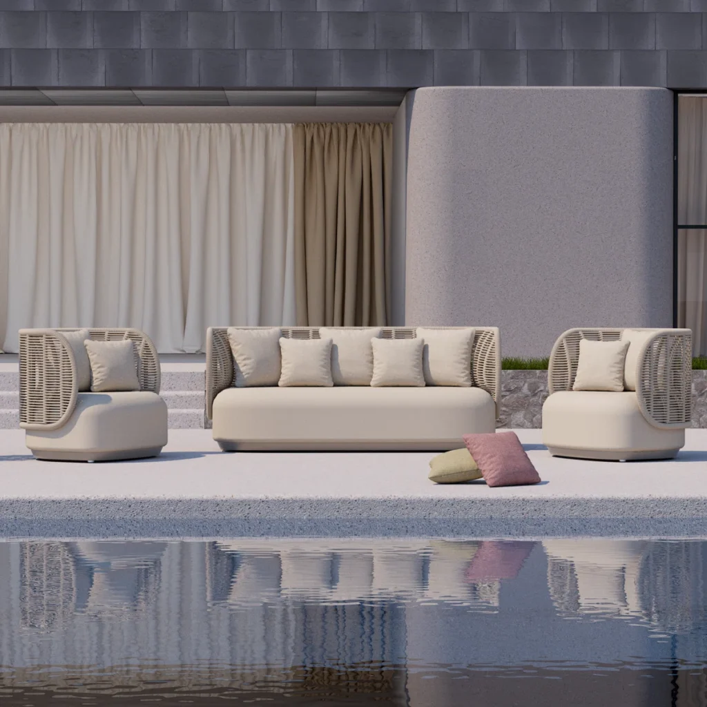 “Stylish outdoor sofa set with cushions on patio, perfect for garden, balcony, or poolside relaxation and entertaining in modern outdoor spaces.”