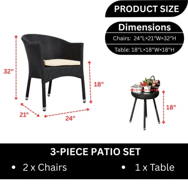 "3-Piece Outdoor Rattan Wicker Patio Set with cushioned chairs and glass-top table for garden, balcony, or patio"