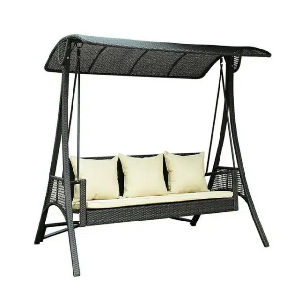 3-seat outdoor rattan wicker patio swing chair with canopy and cushions