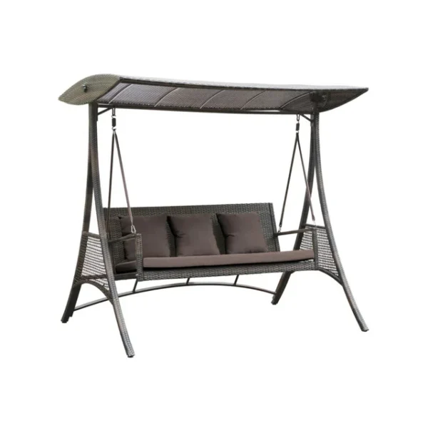 3-seat outdoor rattan wicker patio swing chair with beige cushions and adjustable canopy shade