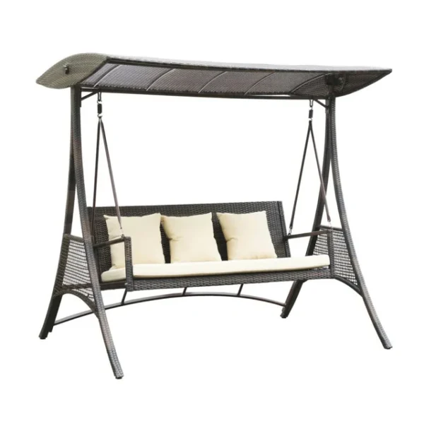 Outdoor rattan wicker 3-seat patio swing chair with canopy shade and soft cushions for backyard or garden