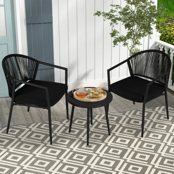 3 Piece Garden Outdoor Rope Patio Set with cushioned chairs and glass-top table for patio, balcony, or garden