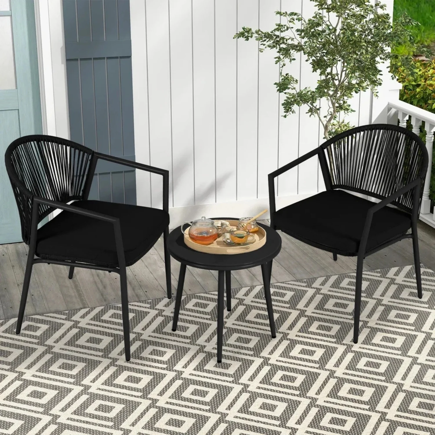 3 Piece Garden Outdoor Rope Patio Set with cushioned chairs and glass-top table for patio, balcony, or garden