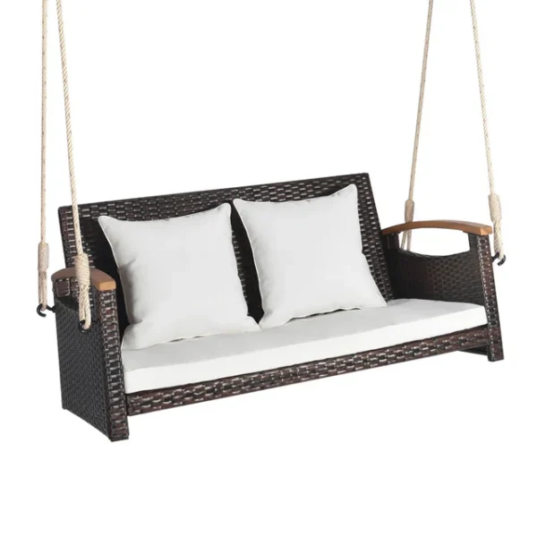 Outdoor Dark Brown Rattan Wicker Two-Seater Sofa Swing with Cushions