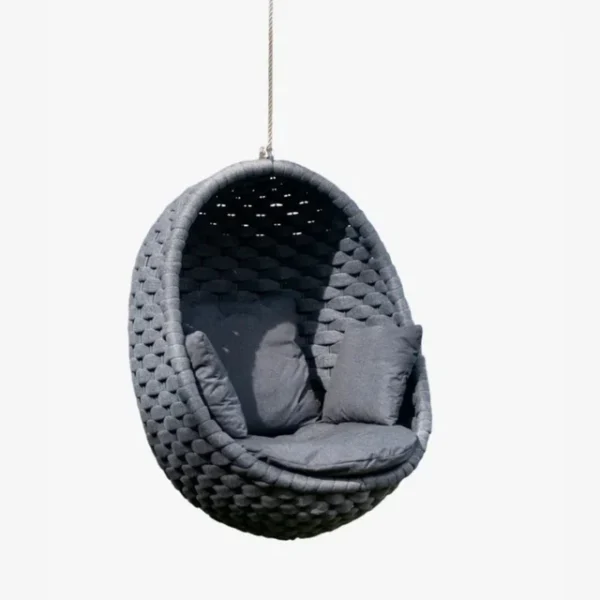 Grey rope hanging egg swing chair with cushion for outdoor and indoor relaxation