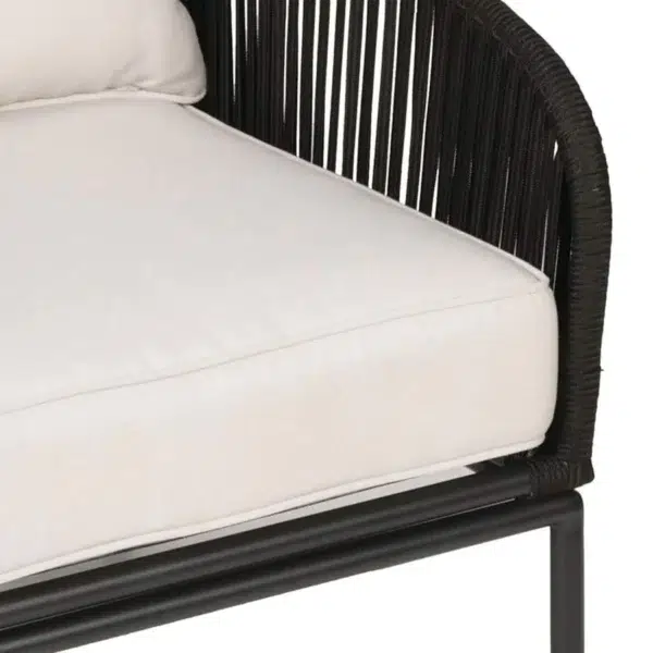 3 Piece Outdoor Rope Bistro Set in black and white with two chairs and a round table, perfect for balcony or patio use.