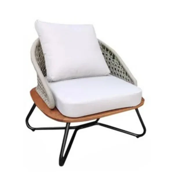 Outdoor Rope 3-Piece Patio Set with Wooden Top Table and Cushioned Chairs