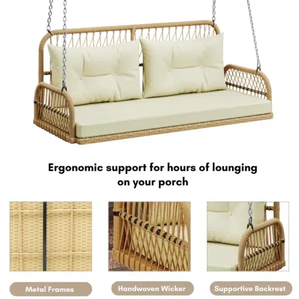 Outdoor beige rattan wicker two-seater sofa swing with cushions for patio or garden
