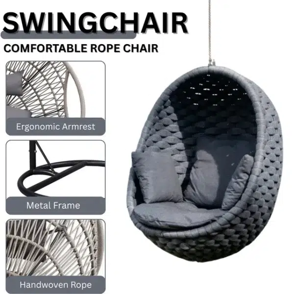 Grey rope hanging egg swing chair with cushion for outdoor and indoor relaxation