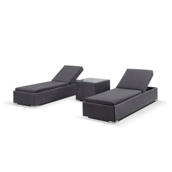 Set of 2 outdoor wicker lounge chairs with cushions on a patio