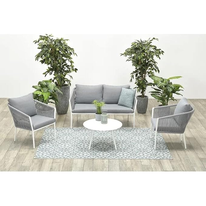 "Shop the 4-piece patio furniture set with rope sofa, chairs, and table. Perfect for garden, porch, or backyard, this outdoor conversation set adds style and comfort." 4-piece patio furniture set with rope sofa, chairs, and table for backyard, porch, or garden outdoor seating"