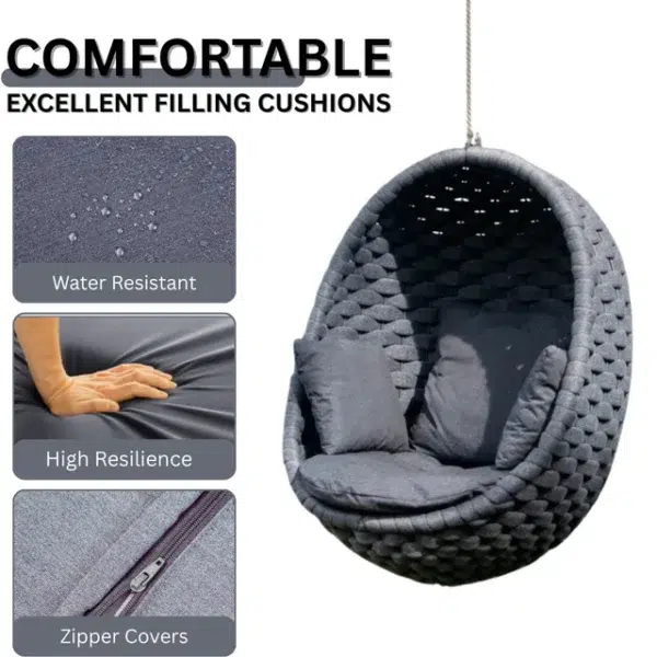 Grey rope hanging egg swing chair with cushion for outdoor and indoor relaxation