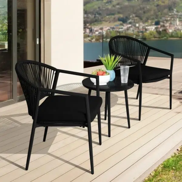 3 Piece Garden Outdoor Rope Patio Set with cushioned chairs and glass-top table for patio, balcony, or garden