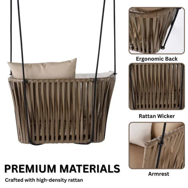 Traditional Porch Outdoor Rattan Garden Swing Chair with Beige Cushion – Stylish and Comfortable Hanging Seat for Patio or Garden
