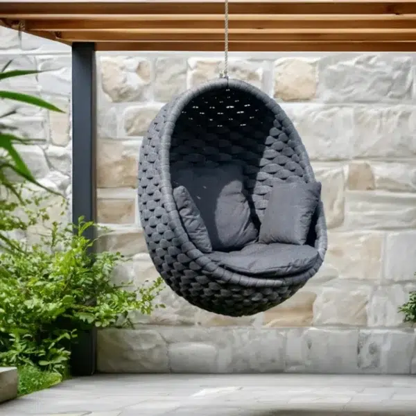 Grey rope hanging egg swing chair with cushion for outdoor and indoor relaxation