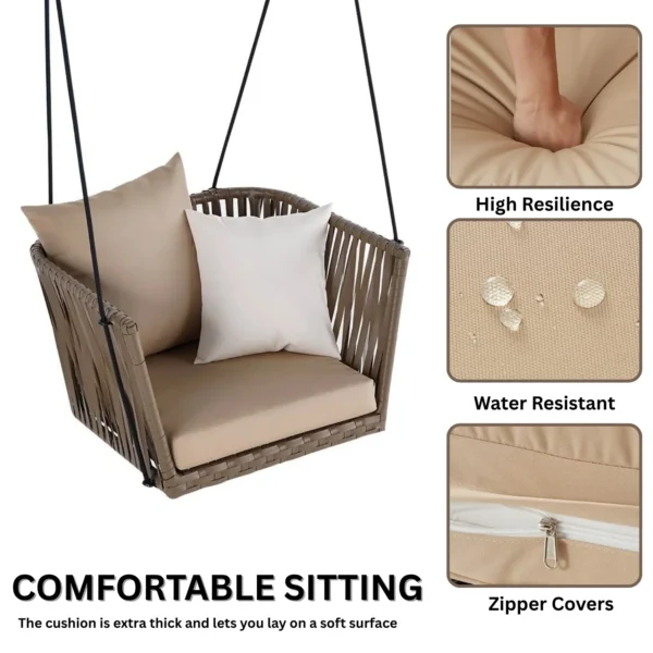 Traditional Porch Outdoor Rattan Garden Swing Chair with Beige Cushion – Stylish and Comfortable Hanging Seat for Patio or Garden