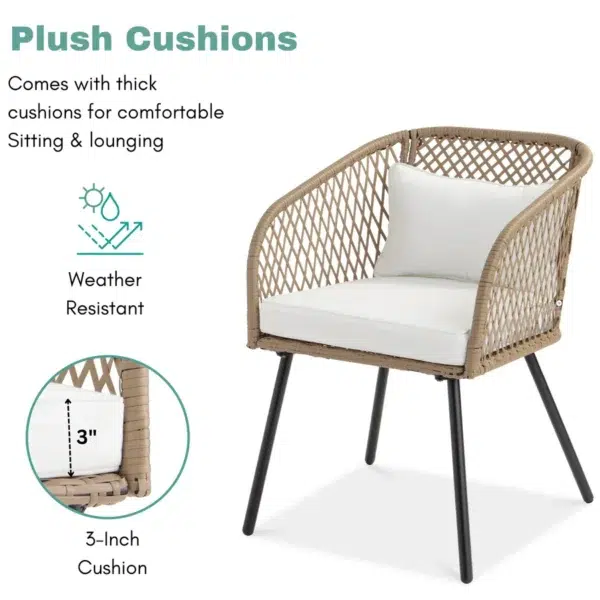 Outdoor wicker 3-piece patio set with two cushioned chairs and a matching glass-top table, ideal for garden, balcony, or backyard.