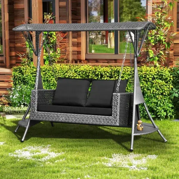 Outdoor Rattan Wicker 2-Seat Patio Swing Chair with Shade and Cushions