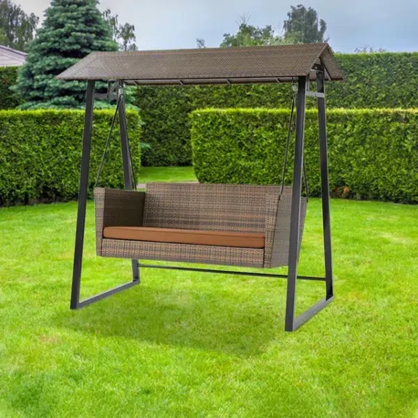 All-Weather Wicker 2-Seat Patio Swing Chair with Shade and Cushions