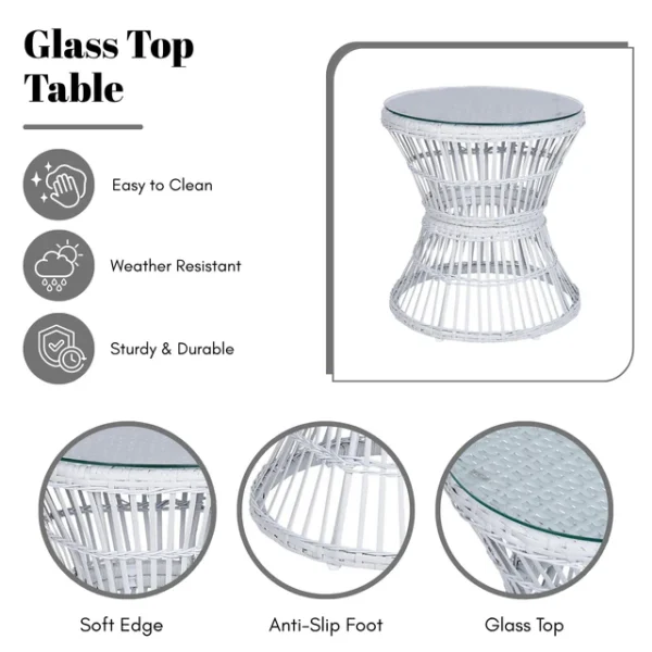 Outdoor rope patio set with glass top table, stylish seating for gardens, balconies, and patios.