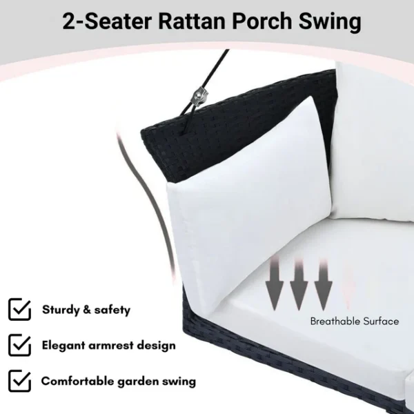 Outdoor rattan wicker hanging swing chair with soft cushion for patio or balcony
