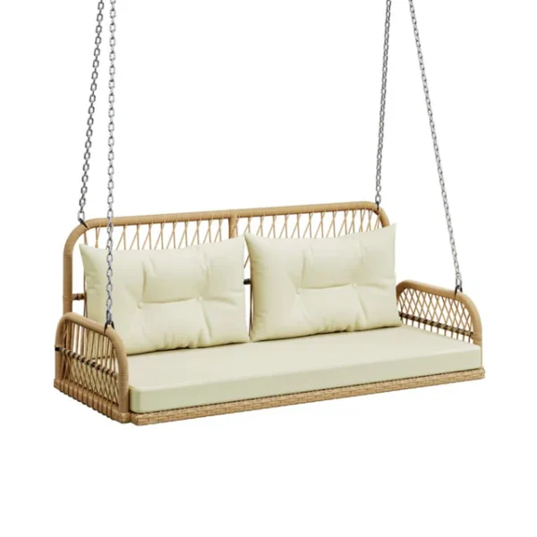 Outdoor beige rattan wicker two-seater sofa swing with cushions for patio or garden