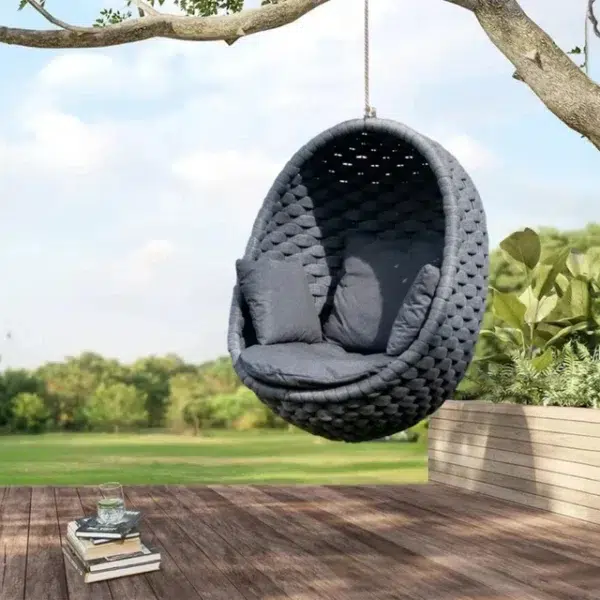 Grey rope hanging egg swing chair with cushion for outdoor and indoor relaxation