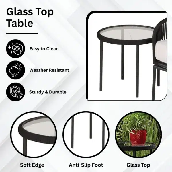 3 Piece Outdoor Rope Bistro Set in black and white with two chairs and a round table, perfect for balcony or patio use.