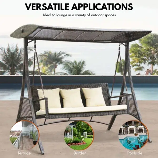 Outdoor rattan wicker 3-seat patio swing chair with canopy shade and soft cushions for backyard or garden