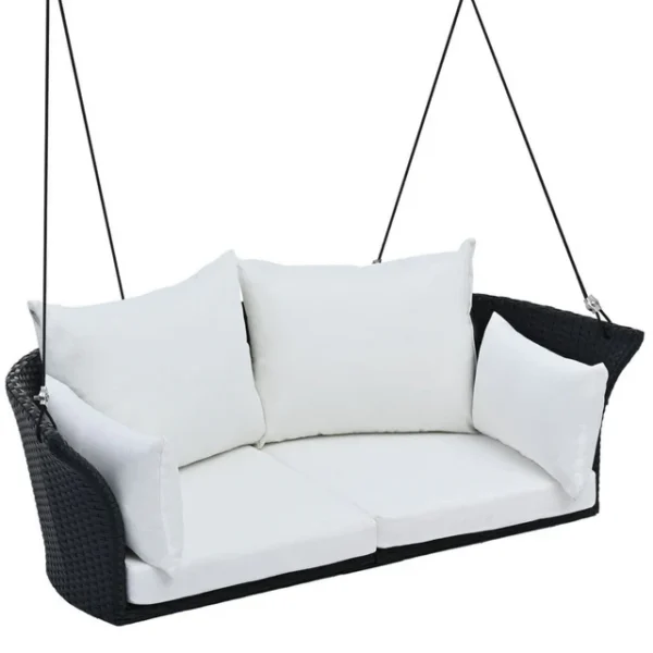 Outdoor rattan wicker hanging swing chair with soft cushion for patio or balcony