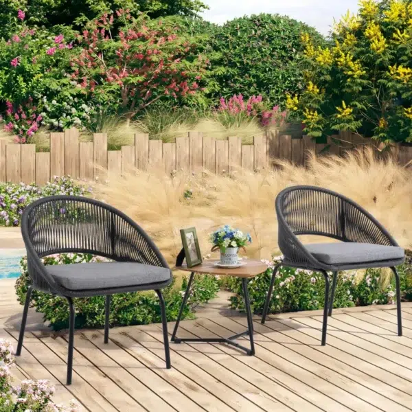 3 Piece Garden Outdoor Rope Patio Set with two chairs and a glass-top table for outdoor living.