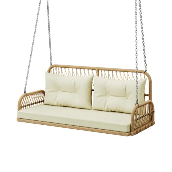 Outdoor beige rattan wicker two-seater sofa swing with cushions for patio or garden