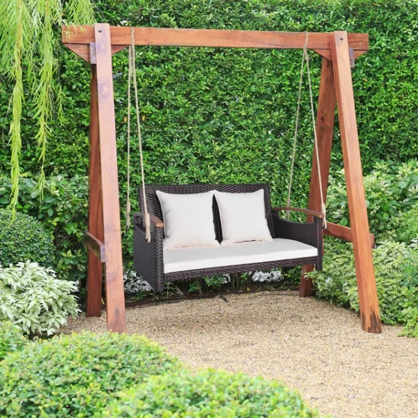 Outdoor Dark Brown Rattan Wicker Two-Seater Sofa Swing with Cushions