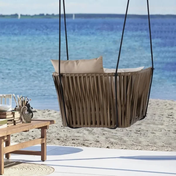 Traditional Porch Outdoor Rattan Garden Swing Chair with Beige Cushion – Stylish and Comfortable Hanging Seat for Patio or Garden