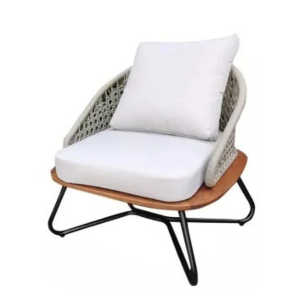 Outdoor Rope 3-Piece Patio Set with Wooden Top Table and Cushioned Chairs