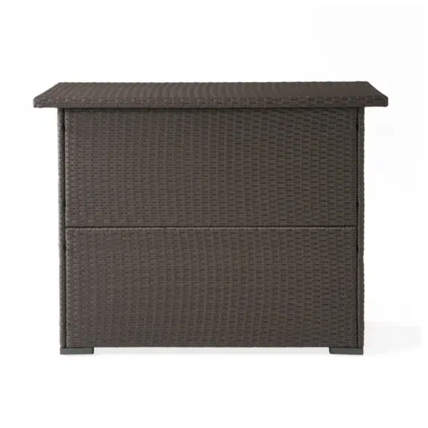 Outdoor rattan wicker bar table with built-in storage shelves for patio and backyard entertaining.