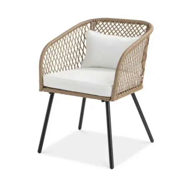 Outdoor wicker 3-piece patio set with two cushioned chairs and a matching glass-top table, ideal for garden, balcony, or backyard.