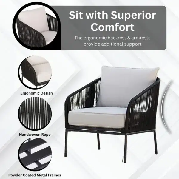 3 Piece Outdoor Rope Bistro Set in black and white with two chairs and a round table, perfect for balcony or patio use.