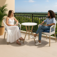 LOCCUS Outdoor Patio Furniture Sets, 3 Pieces Bistro Rattan Wicker With Cushion Conversation Chairs Set with Coffee Table for Front Porch, Outside Balcony - White and blue